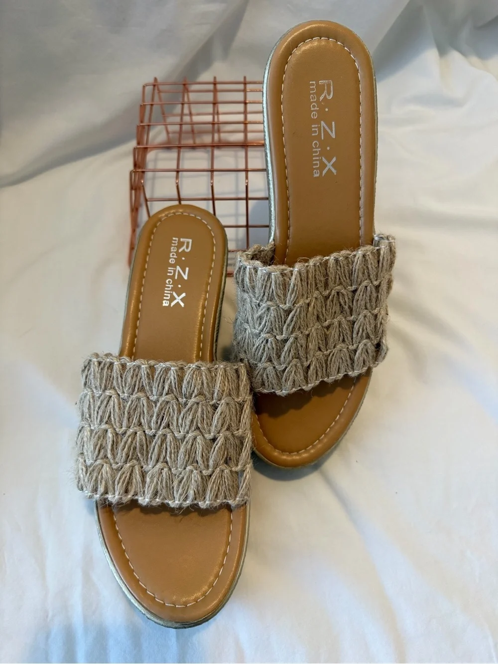 Womens Beige Wedge Slide Sandals - Platform Espadrille Style